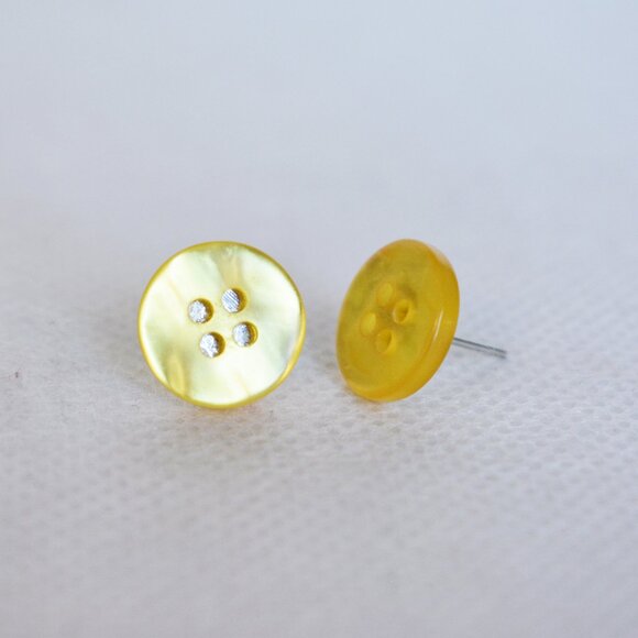 Handmade Shiny Yellow Button Stud Earrings - Picture 3 of 7